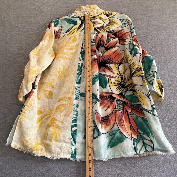 John Mark Linen Tropical Floral Top Size L Lagenlook Aloha Wired Collar Resort - Picture 11 of 15